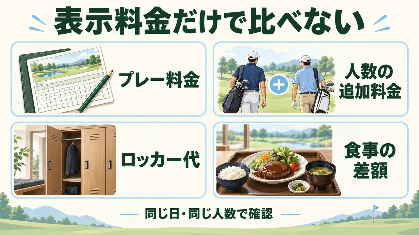 プレー料金、人数の追加料金、ロッカー代、食事の差額を、同じ日・同じ人数で確認する