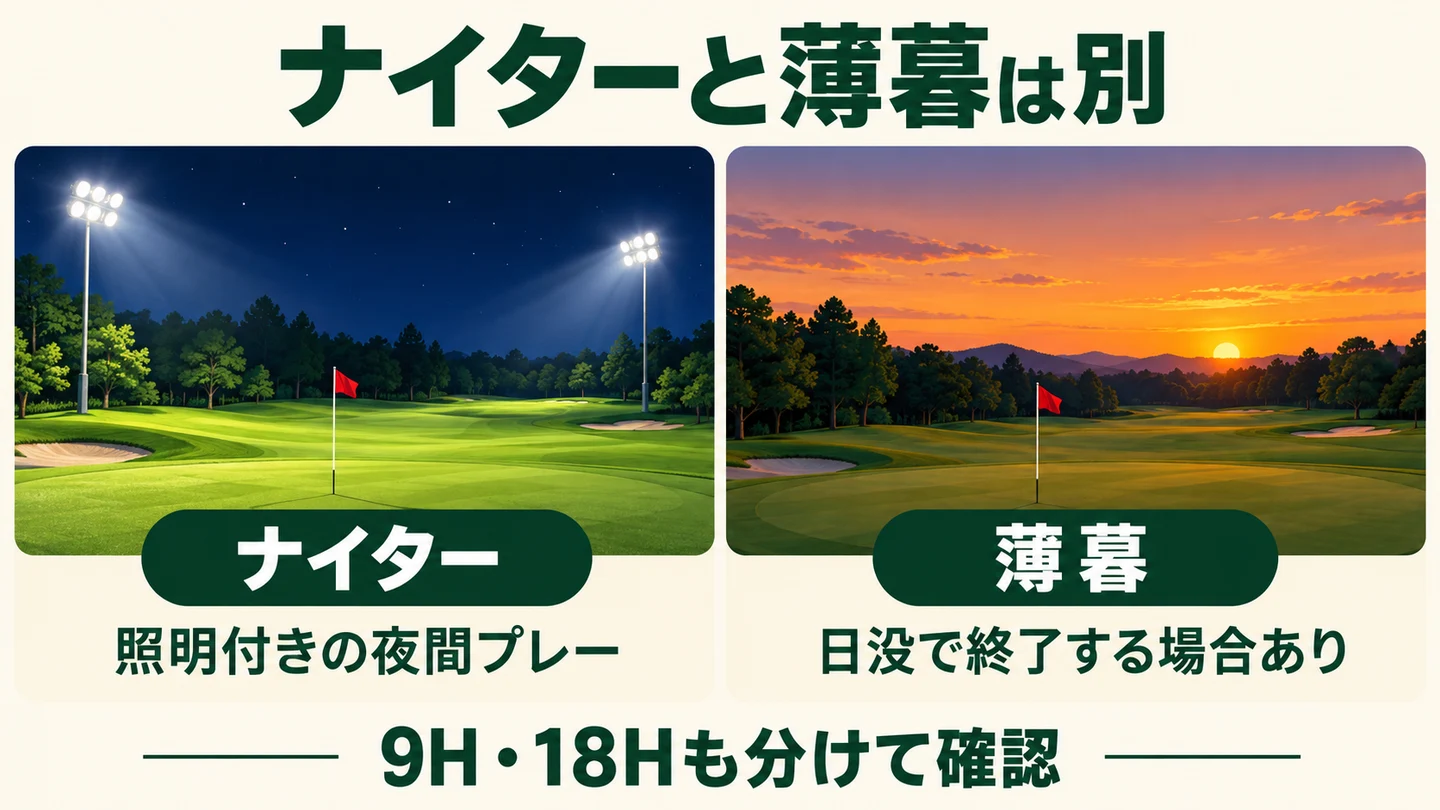 照明付きのナイターと、日没で終了する場合がある薄暮プレーの違い